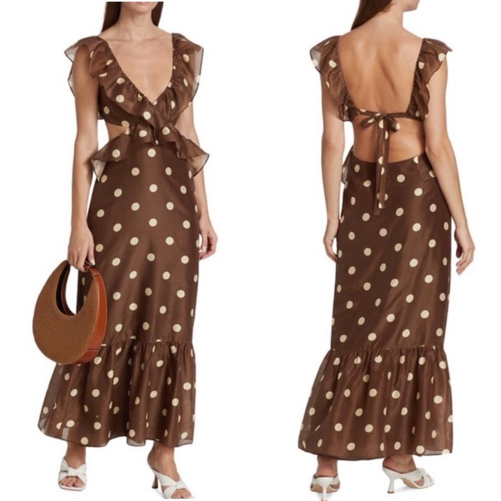 SIR The Label Vivi Frill Maxi cut out Dress Brown Polka Dot Ruffle Open Back